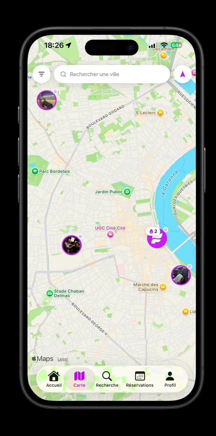 Carte des barbers dans l'app client FADY
