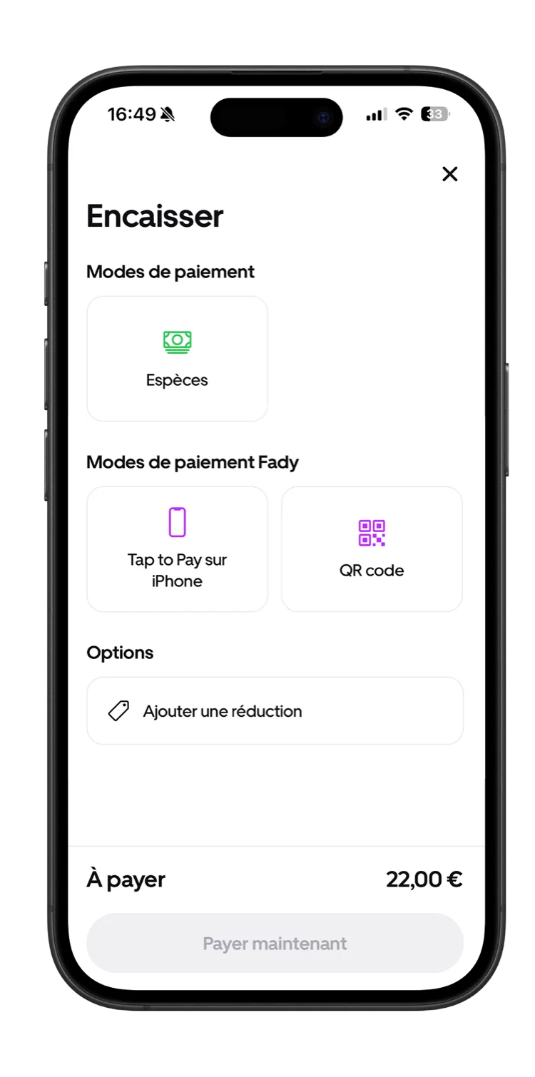 Écran d'encaissement de l'app FADY Pro