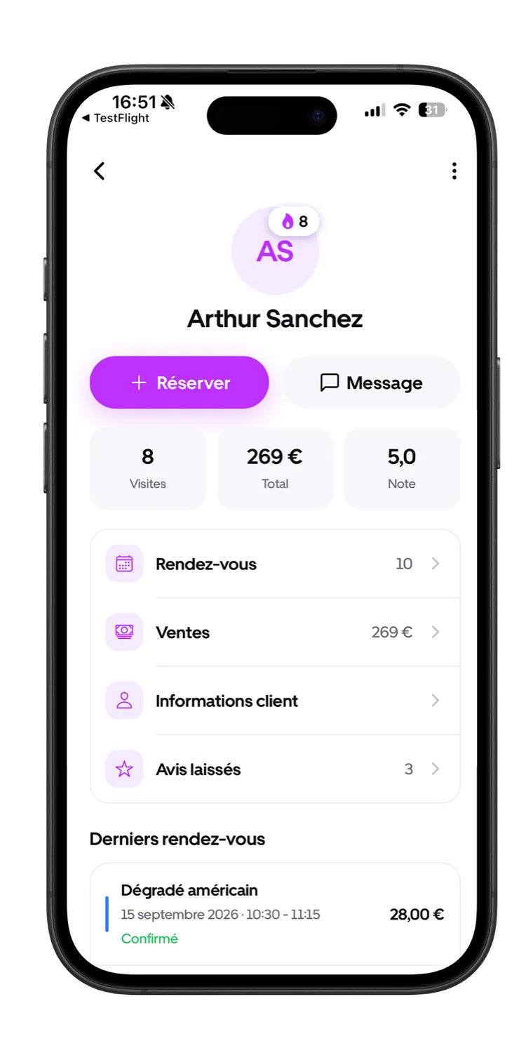 Fiche client dans l'app FADY Pro